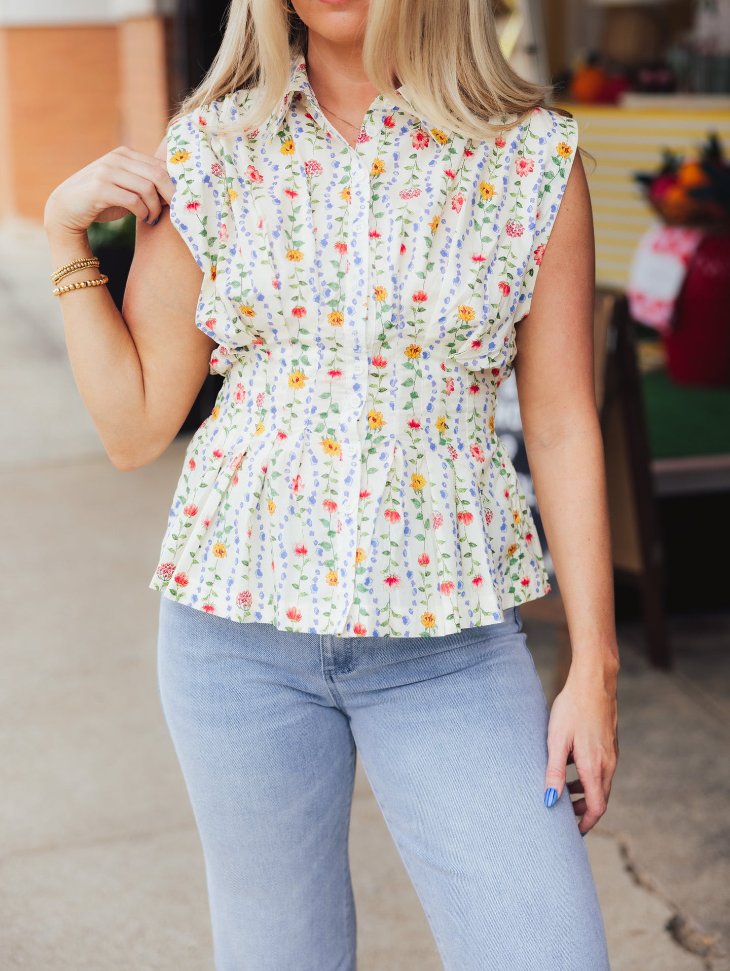 Ivory Floral Pleated Blouse